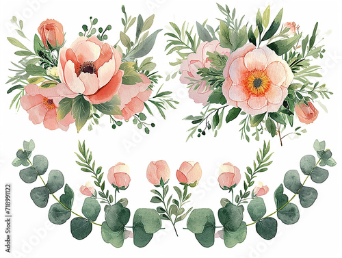 set di fiori di prato arcobaleno e bouquet di verde, bordo o ghirlanda, clip art per matrimonio su sfondo bianco scontornabile, colori tenui