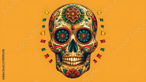 Traditional Mexican sugar skull mask. Ornate decorative human skeleton head. Latin American Day of the Dead celebration symbol, Isolated dia de los muertos skull, Generative Ai