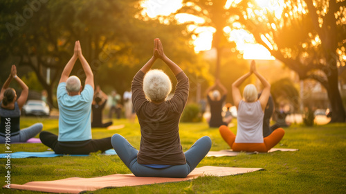 Multiracial senior people doing yoga exercises outdoor with city park in background - Healthy lifestyle and joyful elderly concept - Model by AI generative 