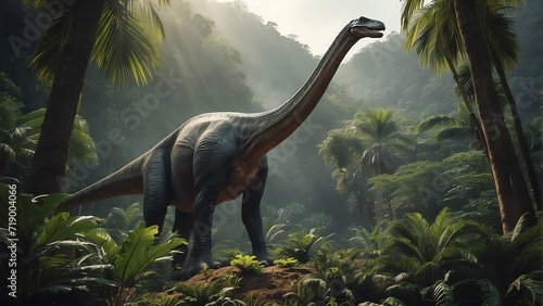 An Brachiosaurus dinosaur on a tropical jungle forest from Generative AI