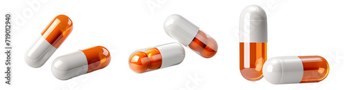 white and orange capsule pills on isolated transparent background