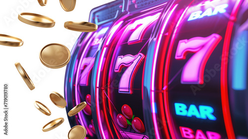 casino slots reel spinning with gold coins coming out