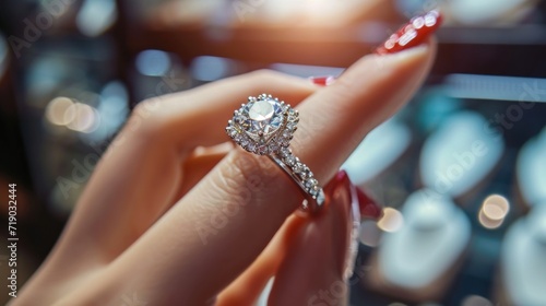 Engagement ring in woman's hand at jewelry store
