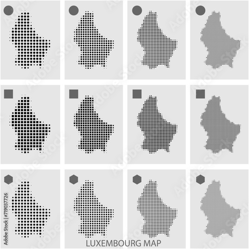 half tone dotted map of Europe three shapes circle square hexagon in four sizes