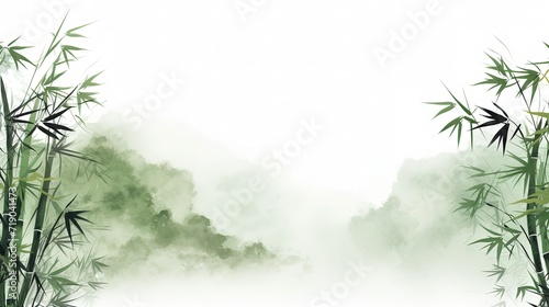 Set of Wallpaper Background Template of Panda and Bamboo Forest in the style of Chinese Ink Art Watercolor White Green with Copy Space Concept of Environmental Conservation Panda Sanctuaries Eco 16:9