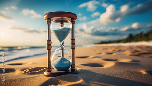 An hourglass over a sandy beach.