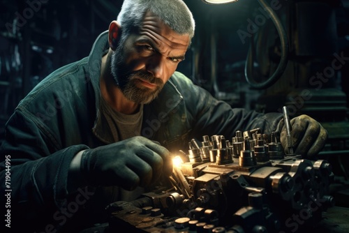 Worker overseeing metal cylinder head production