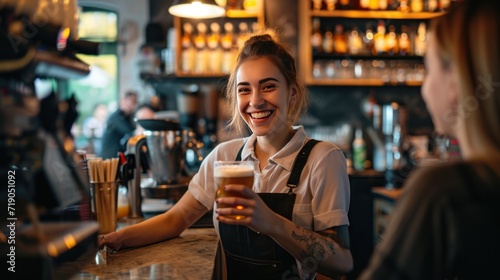 Happy female barista serves beer to guests at the bar counter.