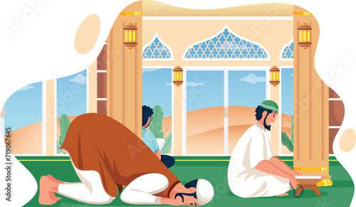 vector illustration of a Muslim performing congregational prayers at the mosque