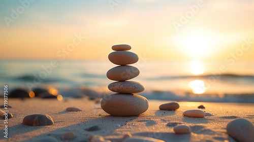 A pyramid of pebbles on the coast of the sea or ocean. The concept of peace, balance and harmony