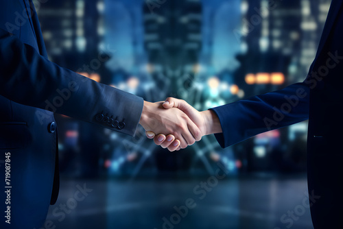 Close-up successful businessman handshake between two professionals in an office setting, symbolizing trust, cooperation, and a successful business deal