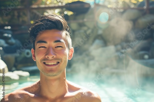 温泉・風呂につかる日本人男性の正面写真（銭湯・湯船・入浴・旅館・サウナ）