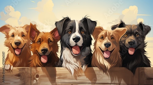 Cartoon smiling cute dogs of different breeds peek out from behind a wooden fence. Banner with animals Concept: veterinary advertising and animal breeding 