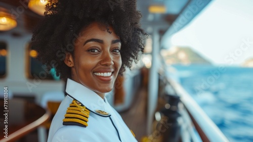 Arfican american woman is captain of a sea vessel. Officer on cruise ship. Vacation at sea.