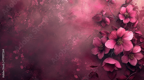 Shabby chic burgundy background with vintage minimalistic abstract flowers and copy space, abstract velvet red vintage wallpaper, minimalistic retro backdrop