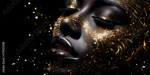 A close-up macro portrait of a dark-skinned african model woman with golden glitter and make up. Gold glitter surrounding her. Dark background