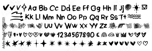 Scribble doodle paint alphabet set, children marker scratch, vector pen squiggle kit, black stroke. Kids hand drawn pencil abstract sketch, handwriting font alphabet, star, heart. Scribble doodle