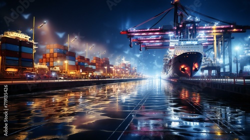 Harbor at Dusk: A nighttime view of a harbor with container cranes and ships, capturing the beauty of industrial and maritime activities