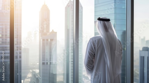 Back view of Muslim Businessman in Traditional White Standing in His Modern Office Looking out of the Window on Big City with Skyscrapers. Successful Saudi, Emirati, Arab Businessman Concept.