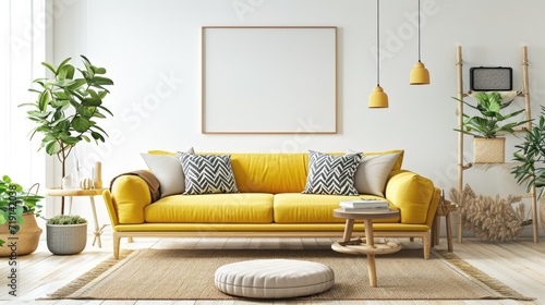 Interior of light living room with stylish yellow sofa, pattern pillows and soft poufs