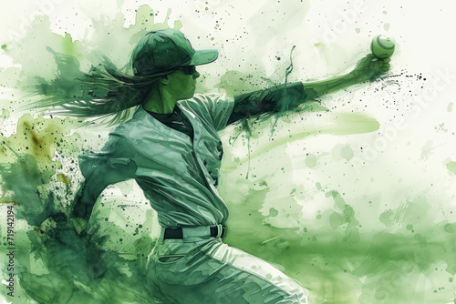 Baseball player in action, woman green watercolour with copy space