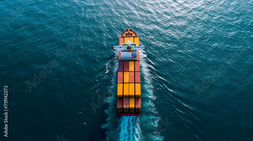 Container ship or cargo shipping over calm blue ocean. Global business logistics import export. Aerial view from drone.