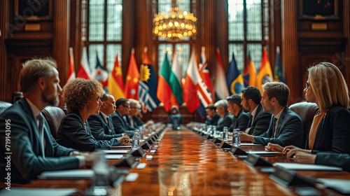 A high-level business meeting with executives from various countries, seated around a large conference 