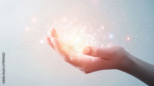 Close up hand of man holding illuminated light in white background. idea, innovation, thinking, and inspiration for business concepts. Cyber digital data idea.