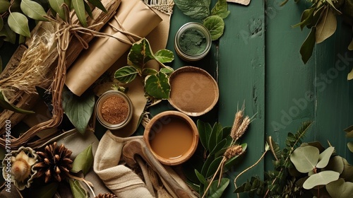Flat lay of creative architect moodboard green and brown colors composition with samples of building, textile and natural materials and personal accessories. Top view, green background, template.