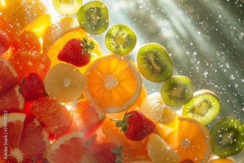 Pieces of sliced fruits containing vitamin C - kiwi, strawberries, orange in water splashes, vitamin C concept