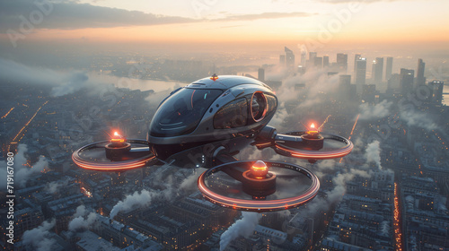 futuristic roto passenger drone flying in the sky over city for future air transportation and robotaxi concept with copy space area