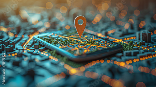 Geofencing technology. A stylized, miniature city model with a large geo pin prominently placed