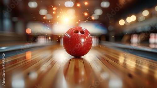Bowling ball striking pins in a bowling alley, sport competition or tournament concept