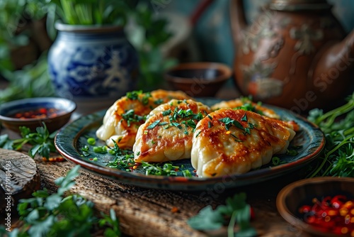 Wooden plate with Chinese dumplings sprinkled with green onions and chili sauce on a dark background. Concept: traditional cuisine and dough recipes 