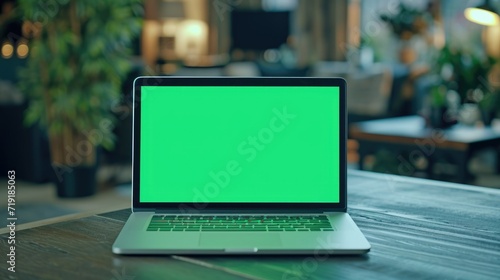 Laptop with green screen mock up lying on table. Computer with chroma key template. MacBook display close up. Business mockup empty blank space. Modern gadget on wooden table in horizontal position.