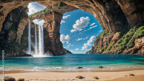 Fantasy landscape of towering rock formations and high waterfalls, idyllic summer paradise cove on island of pristine empty sand beaches and turquoise blue ocean. 