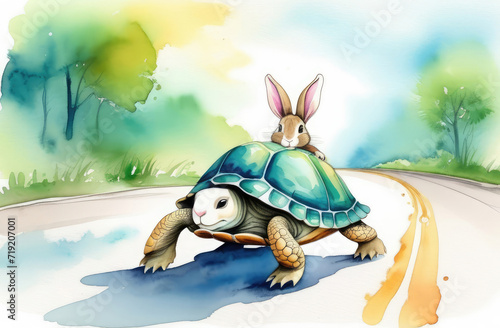 watercolor illustration of funny cute bunny riding turtle carapace on road,.