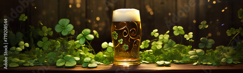 A glass of beer with clovers. St. Patrick's Day celebration.