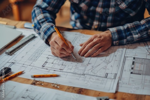 Architect reviewing blueprints with pencil and ruler on desk