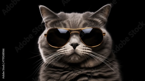 cat with Sunglasses on isolated black background, funny animal, cur cat portrait, rich, money, 
