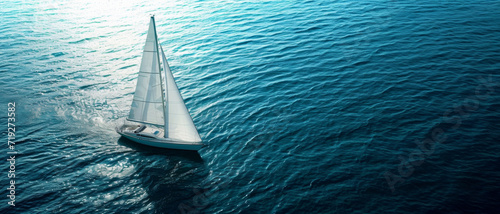 A solitary sailboat glides on the shimmering sea, its sails full with the whisper of the wind, a serene maritime escape