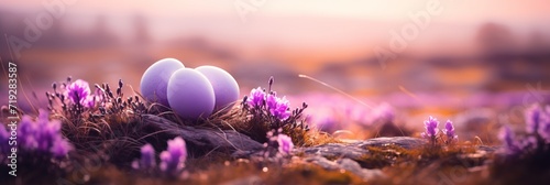 Springtime easter scene. pastel colored eggs among delicate spring flowers with text space