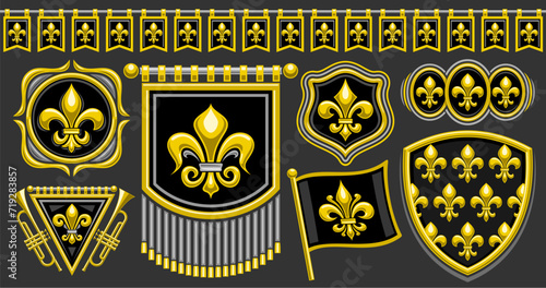Vector Fleur de Lis set, horizontal banner with collection of isolated illustrations of various black and yellow fleur de lis flourishes, seamless bunting, group of vintage decorative design elements