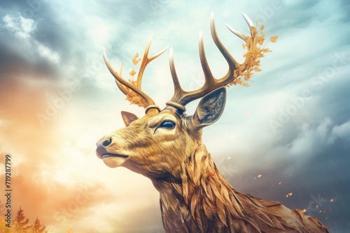 Golden deer animal on cloudy sky. Radiant regal stunning stag fervent havens. Generate ai