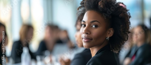 Attentive Businesswoman Engages With Speaker In A Bustling Conference Room. Сoncept Conference Room Dynamics, Professional Networking, Engaging Presentations, Business Etiquette, Productive Meetings