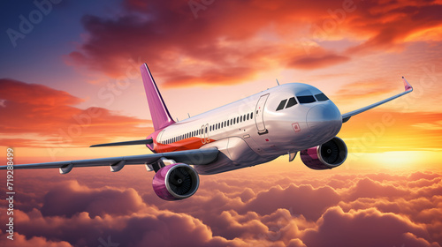 an airplane in mid-flight against a backdrop of a cloudy sky during sunset or sunrise.
