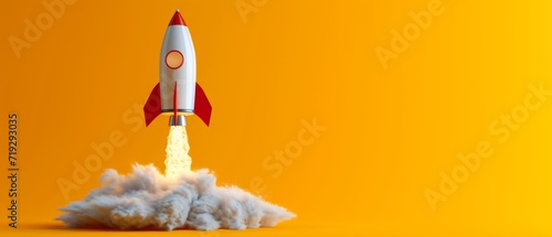 Dynamic Rocket Taking Off Against Vibrant Yellow Backdrop. Сoncept Nature Hiking Adventure, Serene Waterfalls, Majestic Mountain Views, Scenic Trails