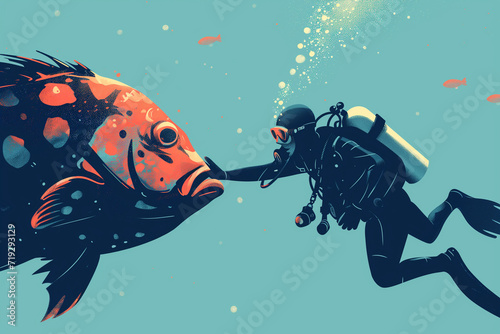 Illustration scuba diver swimming with a giant koi goldfish - Generative AI
