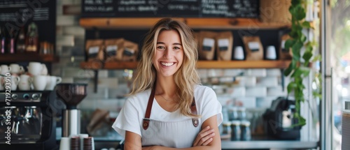 Entrepreneur Woman Proudly Owns Her Thriving Local Coffee Shop Business. Сoncept Small Business Success, Entrepreneurship, Coffee Shop Management, Local Business Ownership, Women In Business