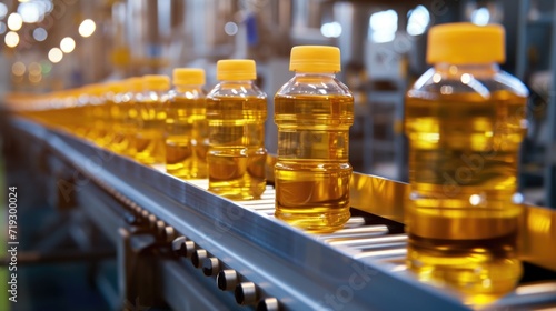 Industrial Precision: Vegetable Oil Bottles on Conveyor Belt in Production Line